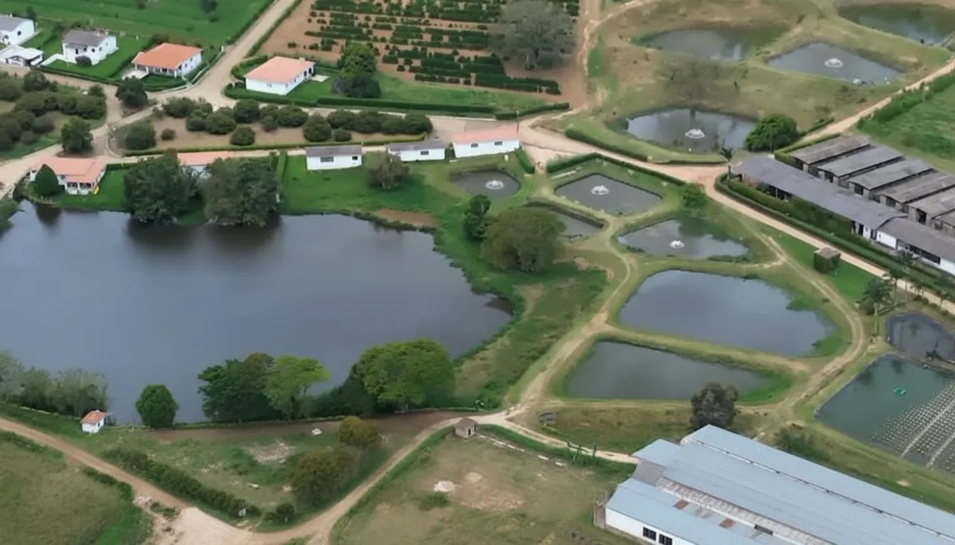 Vista aérea da estrutura da Central do Peixe — tanques de produção